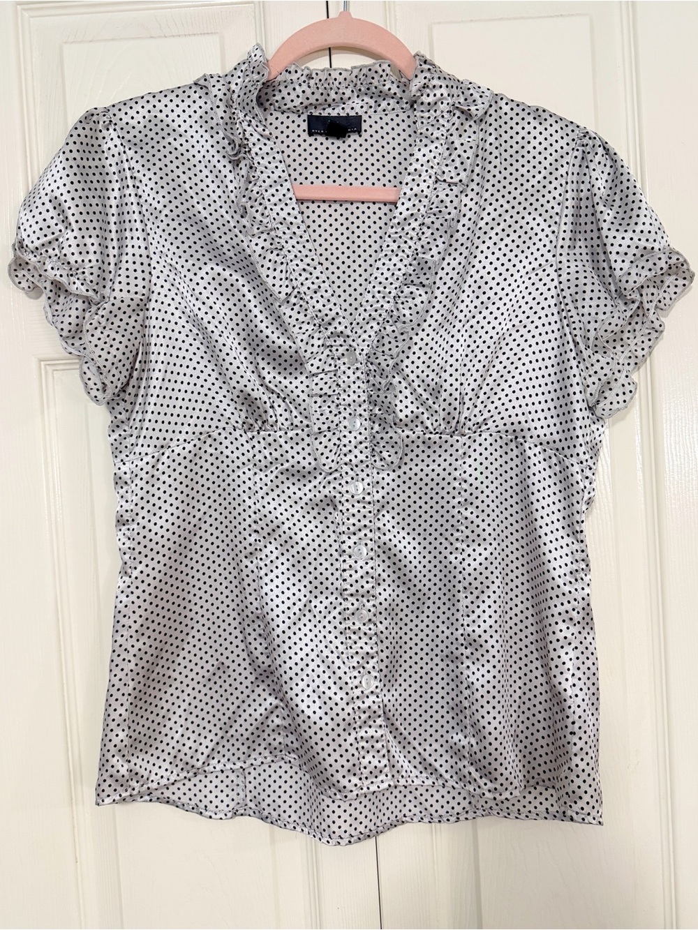 Byer California Silver with Black Polka Dots and Ruffle Trim Satin Style Top